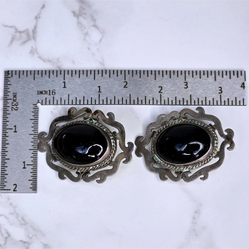 Vintage Taxco Mexico 925 Sterling Silver Black Onyx Post Earrings 23.8g TB-157